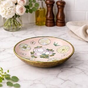 Vintage Hand-Painted Macau Floral Trinket Dish with Gold Rim